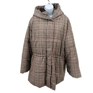Ava & Viv Mid Length Puffer Jacket SZ 1X Tan Black Orange Hooded Snap Full Zip